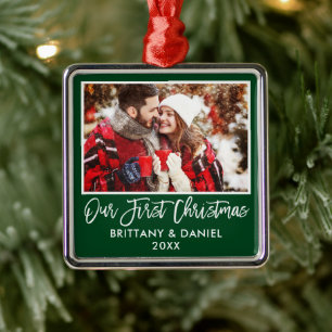 Modern Brush Script Our First Christmas Couple Metal Ornament