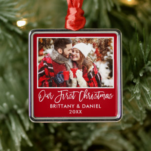 Modern Brush Script Our First Christmas Couple Red Metal Ornament