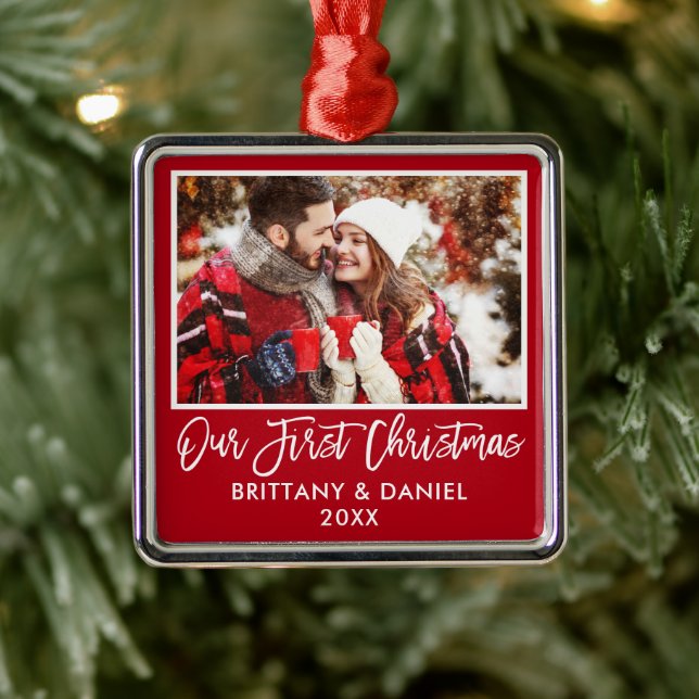 Modern Brush Script Our First Christmas Couple Red Metal Ornament (Tree)