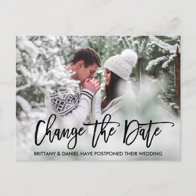 Modern Brush Script Photo Change The Date Postcard (Front)