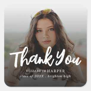 Modern Brush Script Photo Graduation Thank You Square Sticker