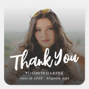 Modern Brush Script Photo Graduation Thank You Square Sticker