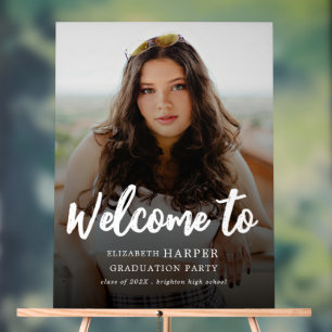 Modern Brush Script Photo Graduation Welcome Sign