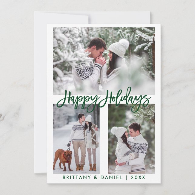 Modern Brush Script Photo Happy Holidays Green Holiday Card (Front)