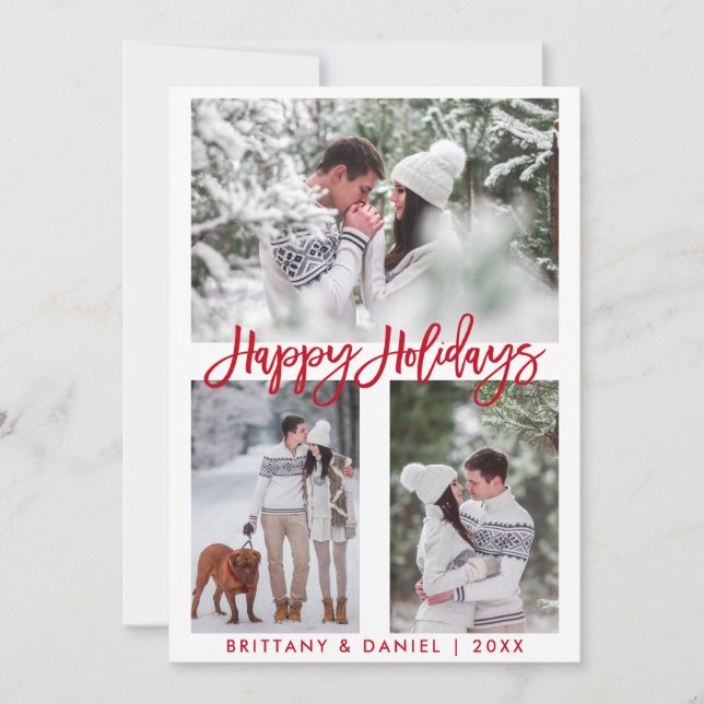 Modern Brush Script Photo Happy Holidays Red Holiday Card (Front)