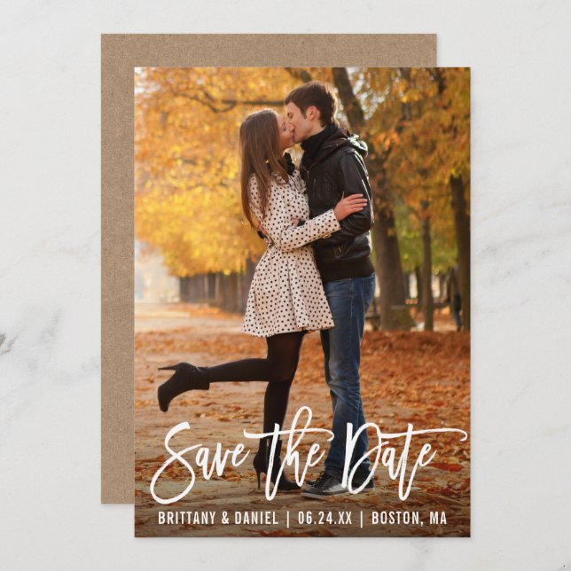 Modern Brush Script Photo Kraft Save The Date Card (Front/Back)