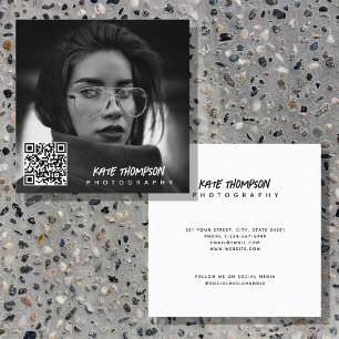 Modern Brush Script Photo QR Code Social Media  Square Business Card