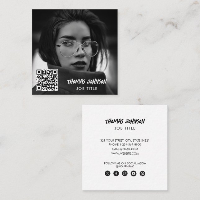 Modern Brush Script Photo QR Code Social Media  Square Business Card (Front/Back)