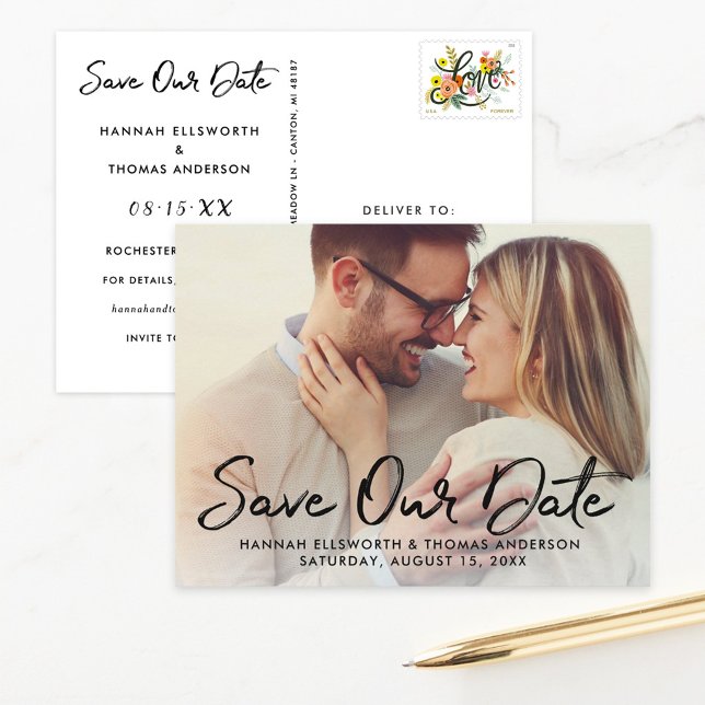 Modern Brush Script Photo Save the Date Announcement Postcard (Creator Uploaded)