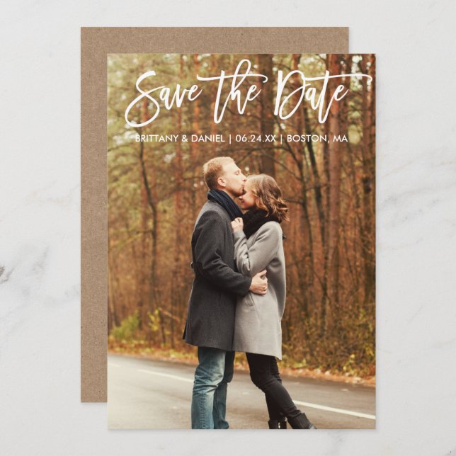 Modern Brush Script Photo Save The Date Kraft Card (Front/Back)