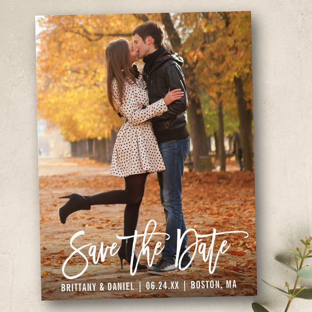 Modern Brush Script Photo Save The Date Postcard (Customize to change your personalized text size or text style.)