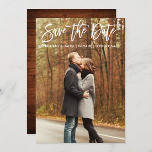 Modern Brush Script Photo Save The Date Wood Card