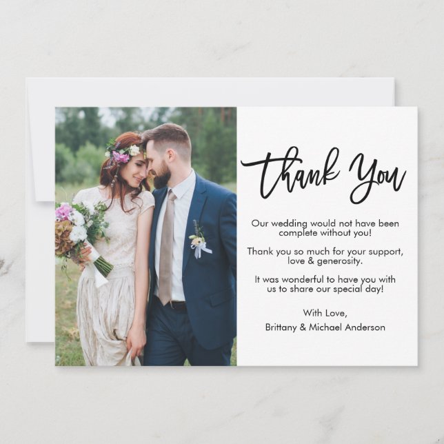 Modern Brush Script Photo Wedding Thank You Card (Front)