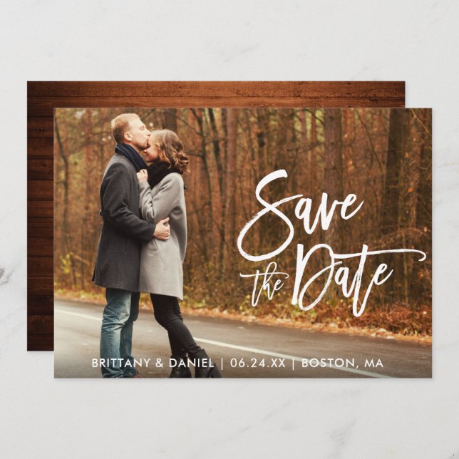 Modern Brush Script Photo Wood Save The Date Card (Front/Back)