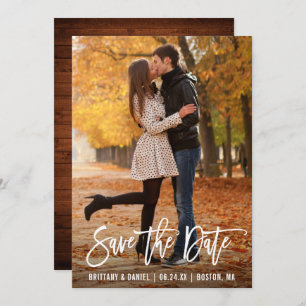Modern Brush Script Photo Wood Save The Date Card