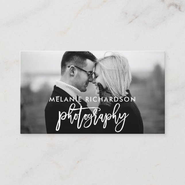 Modern Brush Script Photography Photo BW Business Card (Front)