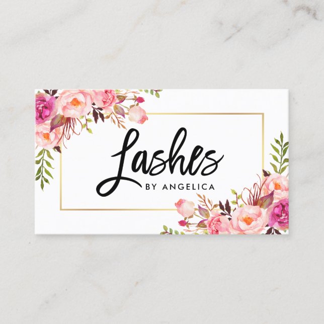 Modern Brush Script Pink Floral Lashes Business Card (Front)