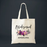 Modern Brush Script Purple Floral Bridesmaid Tote Bag<br><div class="desc">Modern Trendy Brush Script Watercolor Purple Ultra Violet Floral Bridesmaid Tote Bag</div>