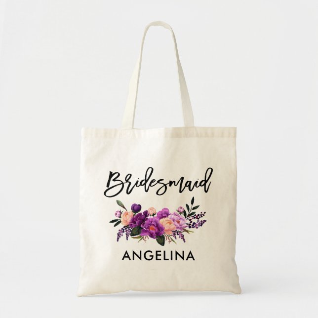 Modern Brush Script Purple Floral Bridesmaid Tote Bag (Front)