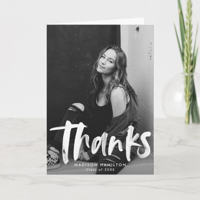 Modern Brush Script Purple Photo Graduation Thank You Card (Front)