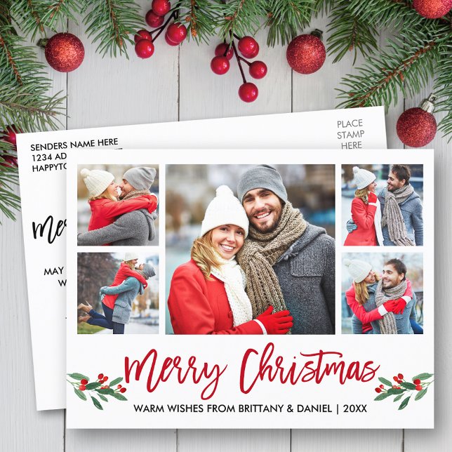 Modern Brush Script Red 5 Photo Merry Christmas Postcard (Customize to change your personalized text size or text style.)