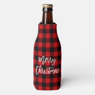 Modern Brush Script Red Plaid Christmas Bottle Cooler