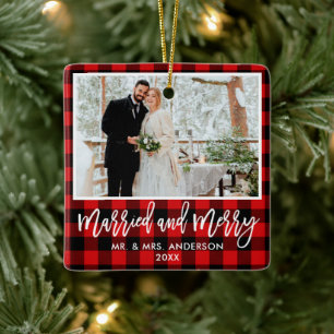 Modern Brush Script Red Plaid Married and Merry Ceramic Ornament