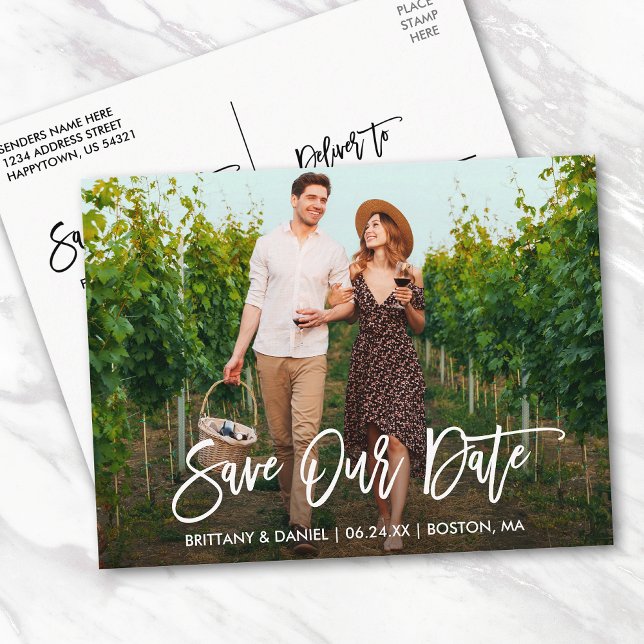 Modern Brush Script Save Our Date Couple Photo Postcard (Customize to change your personalized text size or text style.)