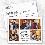 Modern Brush Script Save The Date 5 Photo Couple Postcard<br><div class="desc">Modern Brush Script 5 Photo Save The Date Postcard</div>