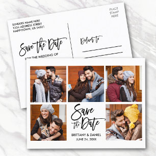 Modern Brush Script Save The Date 5 Photo Couple Postcard