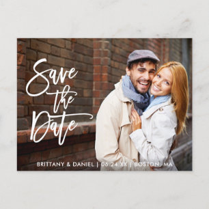 Modern Brush Script Save The Date Couple Photo W Postcard