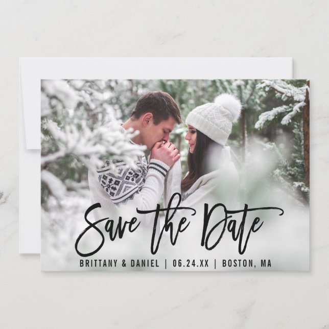 Modern Brush Script Save The Date Photo Card B (Front)