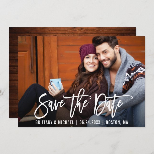 Modern Brush Script Save The Date Photo Wood Card (Front/Back)