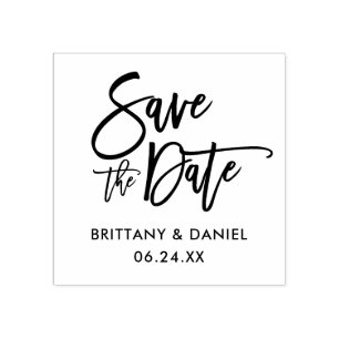 Modern Brush Script Save The Date Square Rubber Stamp