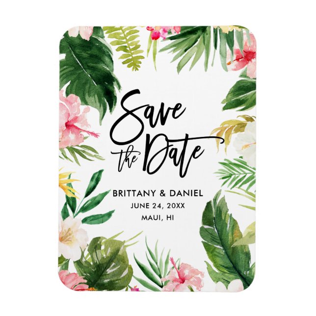 Modern Brush Script Save the Date Tropical Floral Magnet (Vertical)