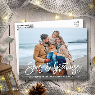 Modern Brush Script Seas and Greetings Holiday Postcard