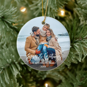 Modern Brush Script Seas and Greetings Photo Ceramic Ornament
