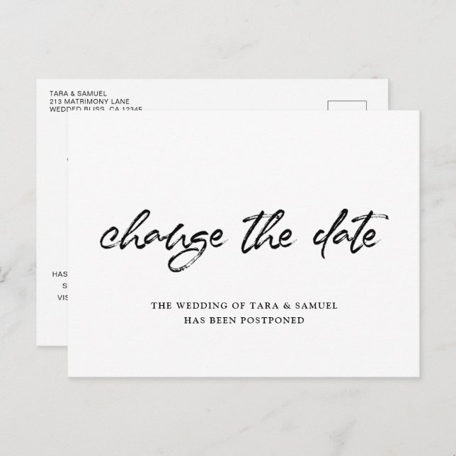 Modern Brush Script Simple Wedding Change the Date Announcement Postcard (Front/Back)