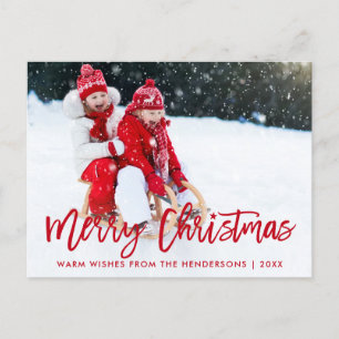 Modern Brush Script Star Photo Christmas Red Postcard