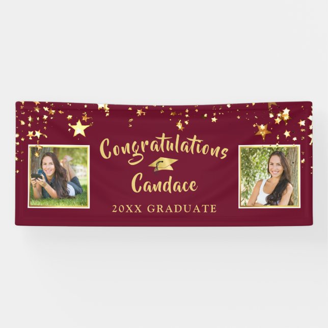 Modern Brush Script Stars Maroon and Gold Photo Banner (Horizontal)