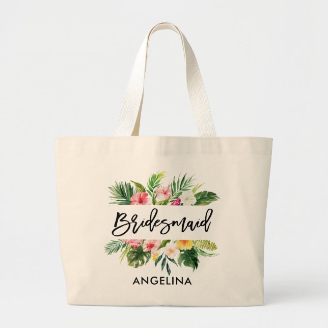 Modern Brush Script Tropical Bridesmaid Large Tote Bag (Front)