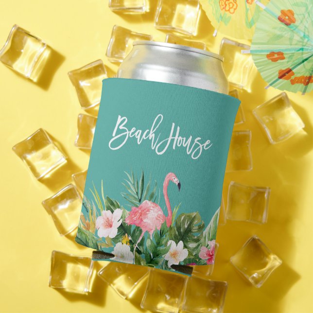 Modern Brush Script Tropical Floral Beach House Can Cooler (In Situ Summer)