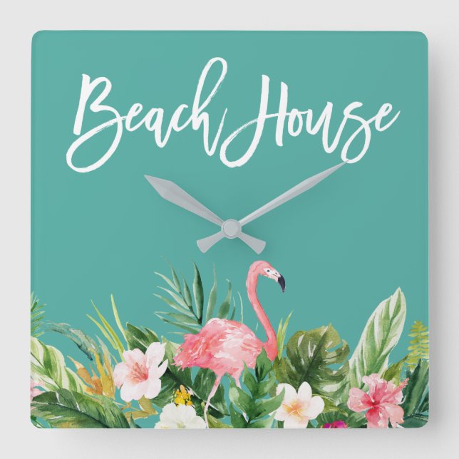 Modern Brush Script Tropical Floral Beach House Square Wall Clock (Front)