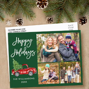 Modern Brush Script Truck 3 Photo Green Holiday Postcard