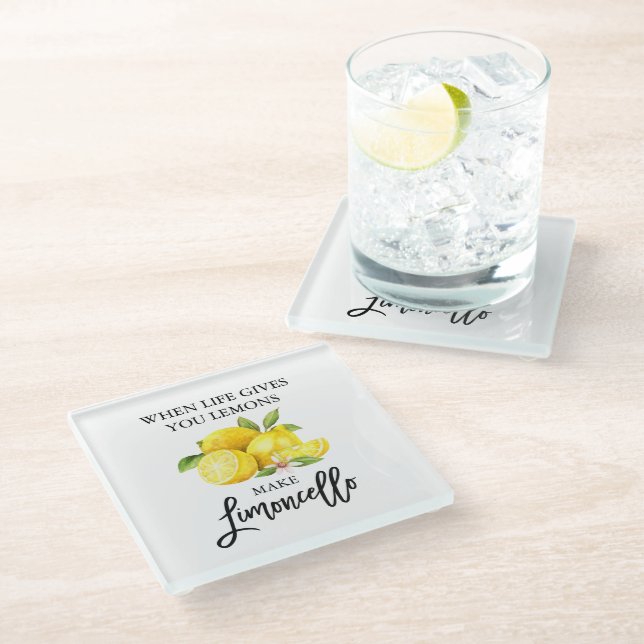 Modern Brush Script Watercolor Lemons Limoncello Glass Coaster (Angled)