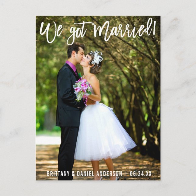 Modern Brush Script We Got Married Couple Photo Postcard (Front)