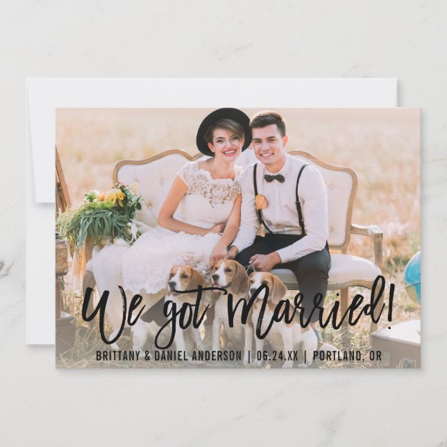 Modern Brush Script We Got Married Photo Announcement (Front)