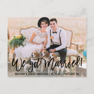 Modern Brush Script We Got Married Photo Postcard