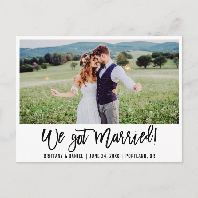 Modern Brush Script We Got Married Photo Postcard (Front)