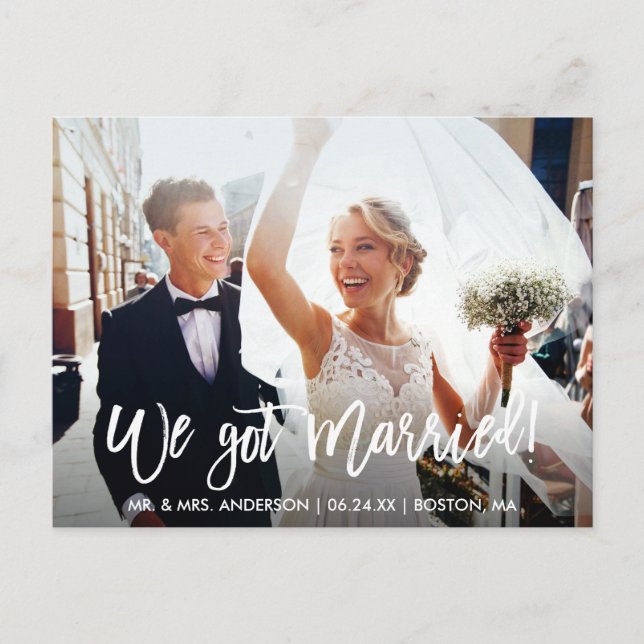 Modern Brush Script We Got Married Postcard (Front)